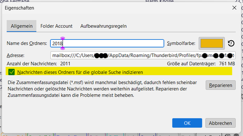 Thunderbird Ordnereigenschaft des Archivs für globale Suche indizieren.